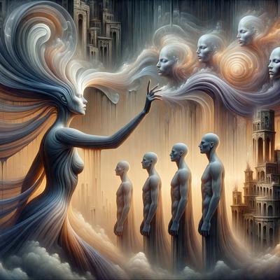 The primary subject of the image is a woman with long hair, who appears to be a character in a painting. She is reaching out to the other characters in the scene, which include five other people. The setting is a cityscape, with a castle visible in the background. The visual style is a painting, and the colors and mood are dramatic and artistic.
